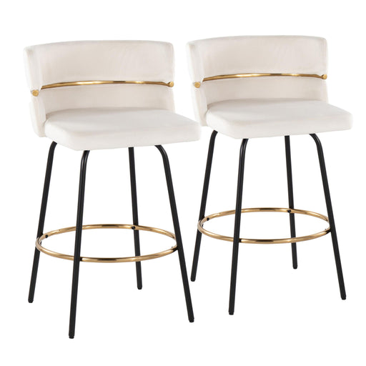 Set of two Lumi Source Cinch contemporary counter stools with swivel seats and round footrests, showcasing modern design.