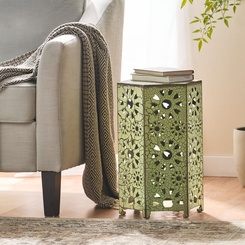 Noble House Eliana side table with a sleek modern design, featuring a round wooden top and slim metal legs.