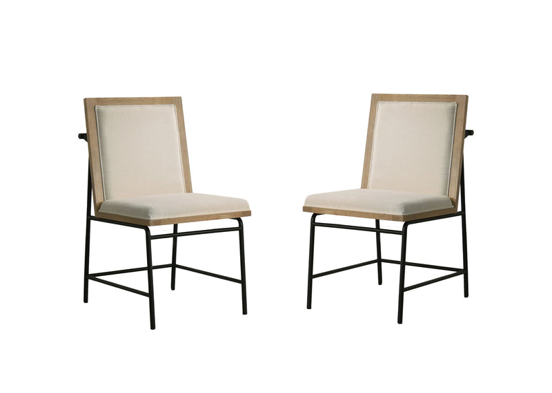 Bowen - Round Dining Table With Cream Color Upholstered Chairs (Set of 5) - Oak Finish - R&R Furniture Gallery (Fountain Valley, CA)