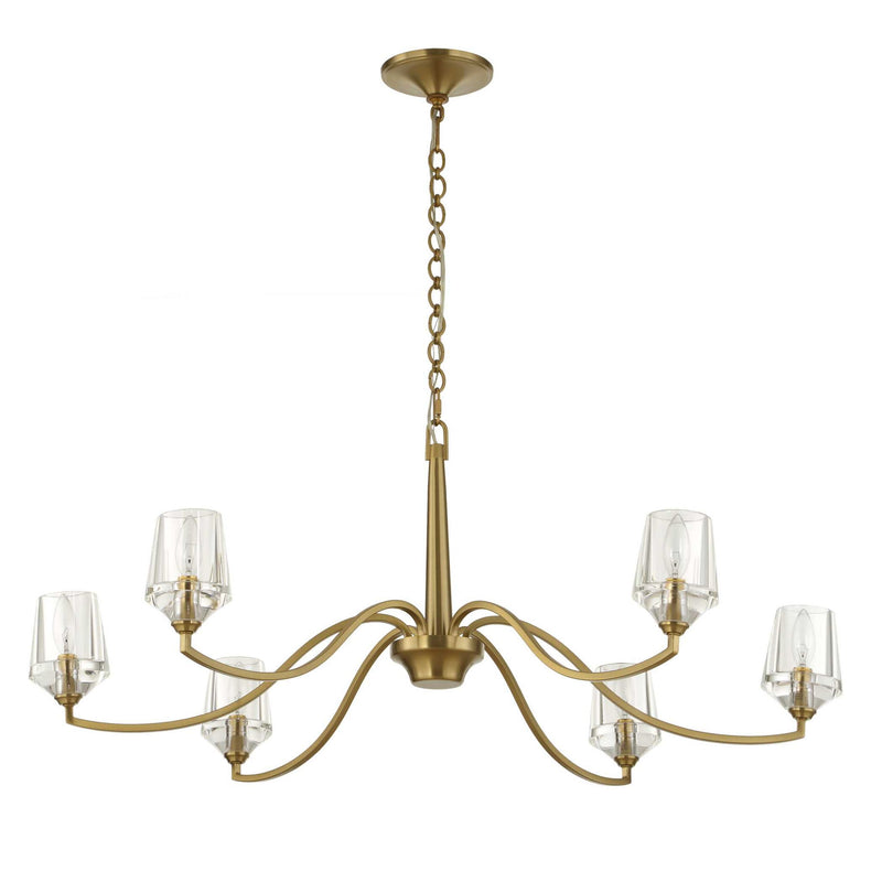 Uttermost Barcelona 6-light brass chandelier with gold finish and elegant design, hanging fixture with six glass shades.