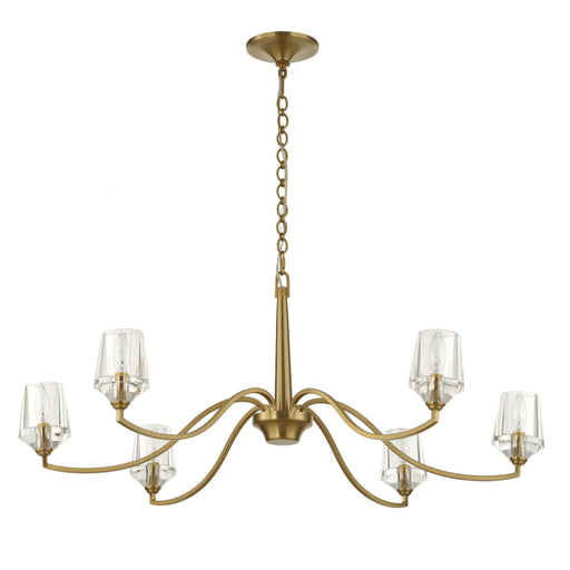 Uttermost Barcelona 6-light brass chandelier with gold finish and elegant design, hanging fixture with six glass shades.