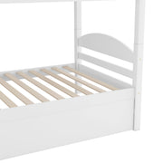 White Twin L-Shaped Bunk Bed with Trundle from DreamHaus, featuring sturdy wood construction and space-saving design.