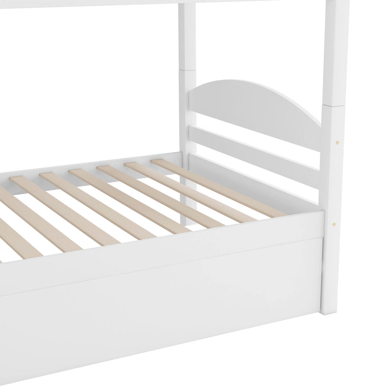 White Twin L-Shaped Bunk Bed with Trundle from DreamHaus, featuring sturdy wood construction and space-saving design.