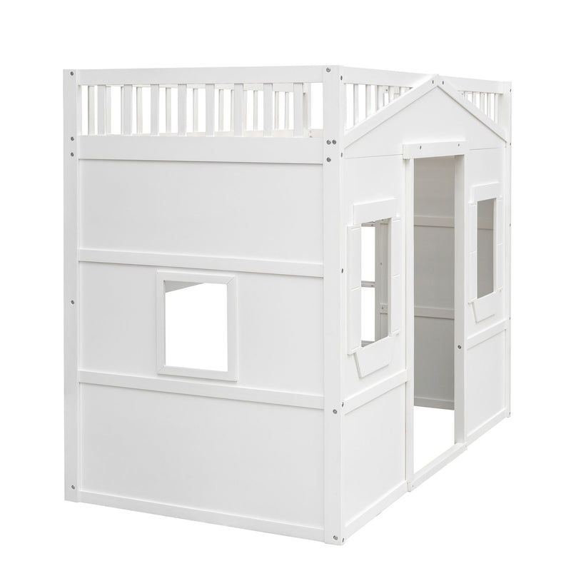 DreamHaus house loft bed with ladder, featuring a cozy sleeping area and sturdy wooden frame in a modern bedroom setting.