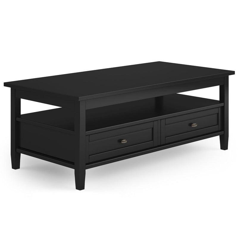 Handcrafted Warm Shaker coffee table by Simpli-Home featuring a wooden tabletop and sturdy legs in a warm finish.