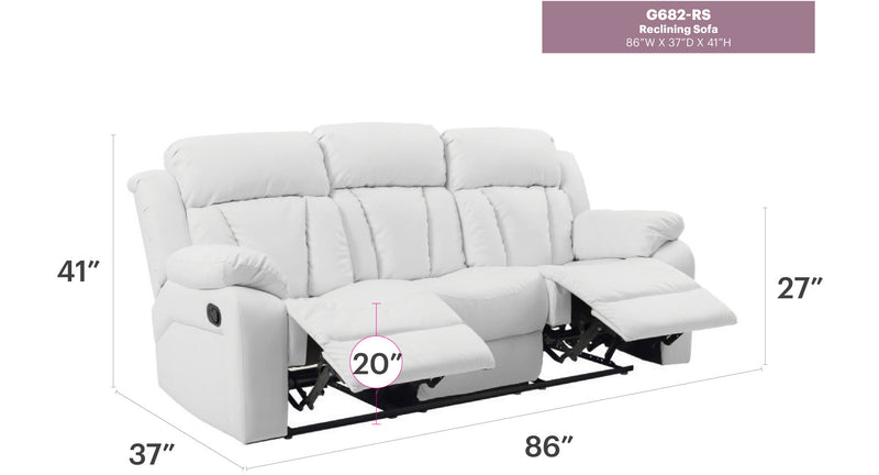 Elegant reclining sofa for leisure by Glory Furniture, featuring plush cushions and a sleek design for comfortable relaxation.
