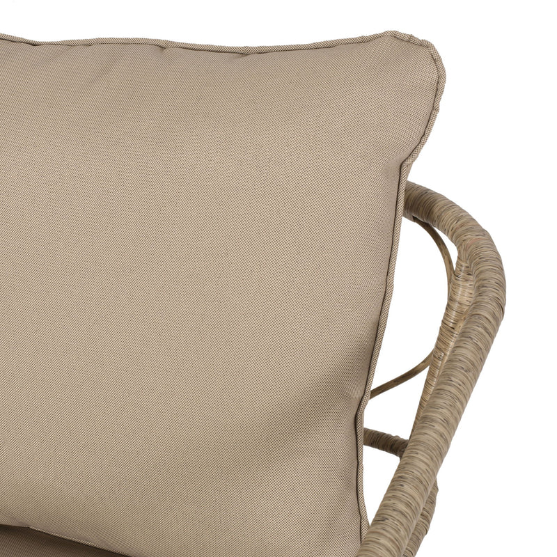 Brown outdoor club chair set by Noble House with water-resistant cushions, rattan frames, and iron construction for patio seating.