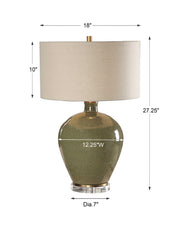 Uttermost Elva emerald table lamp with a sleek design, featuring a cylindrical base and a matching lampshade.