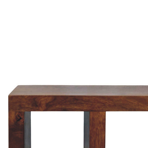 Artisan Furniture Orion curved media unit in brown with open shelves and storage compartments, designed for TV and media devices.
