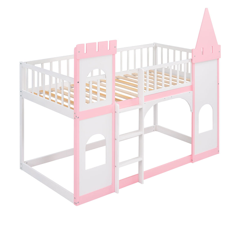 Twin Over Twin Castle Bunk Bed With Ladder - Pink - R&R Furniture Gallery (Fountain Valley, CA)