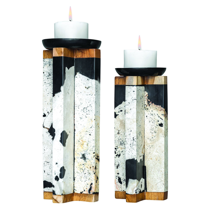 Set of two Illini stone candleholders by Uttermost, black and white with textured stone finish, designed for candles or decorative use.