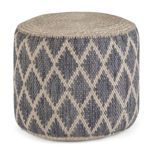 Handcrafted round accent pouf by Simpli-Home featuring a textured fabric cover and plush cushioning for versatile seating.