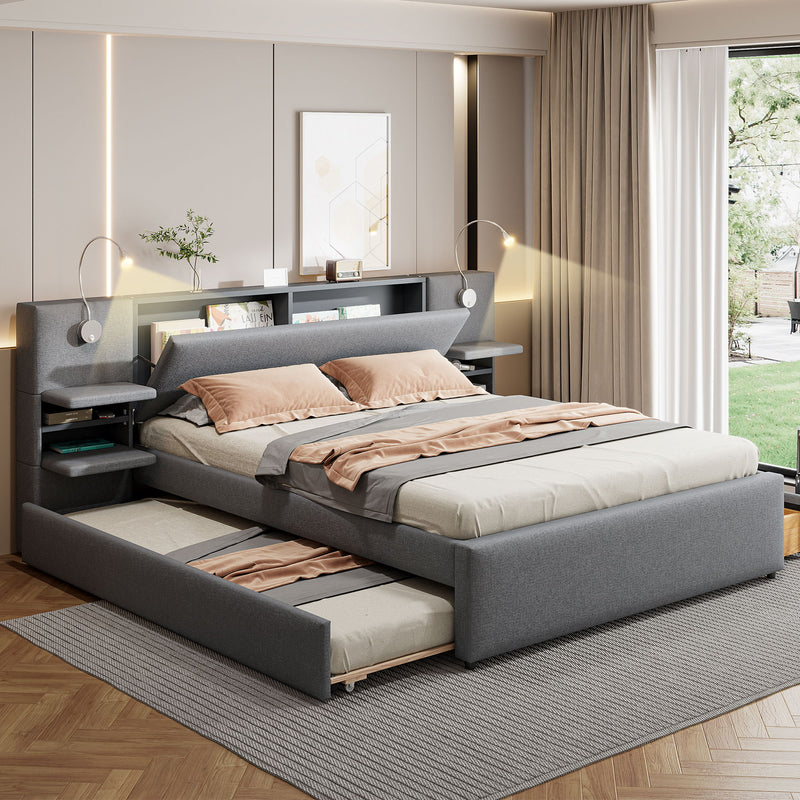 Upholstered Platform Bed With Reading Lights, Drawers, Trundle And Shelves - R&R Furniture Gallery (Fountain Valley, CA)