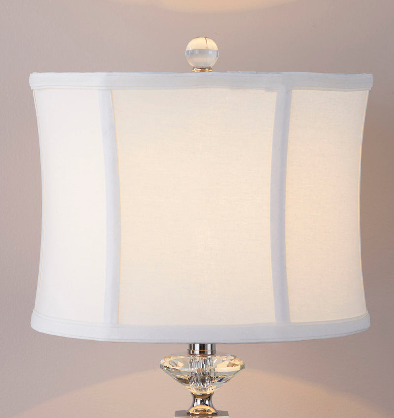 Pair of Lumi Source Diamond Torch contemporary crystal table lamps with clear, off-white shades and polished nickel bases.
