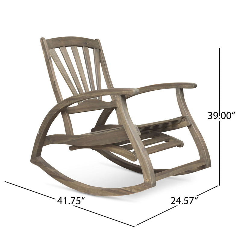 Gray outdoor reclining rocking chair by Noble House, featuring a comfortable design and smooth rocking motion.