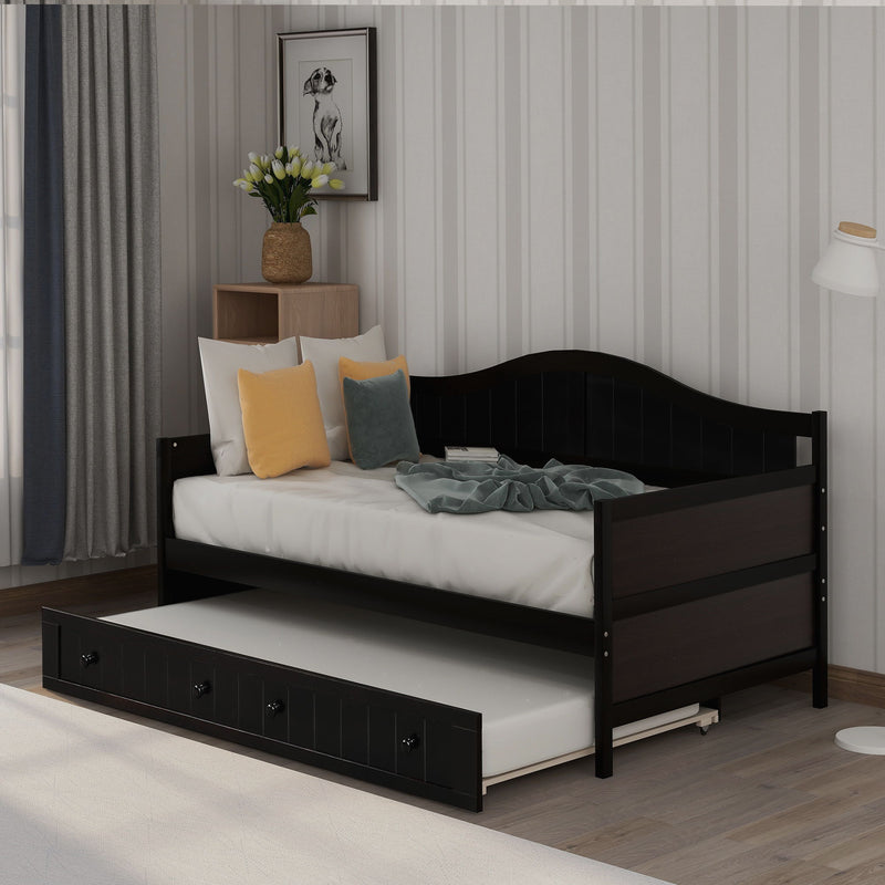 Wooden DreamHaus daybed and sofa bed with storage drawers, no box spring needed, featuring a sturdy wooden frame and modern design.