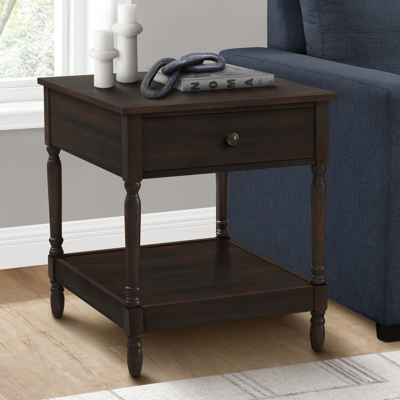 Square walnut accent table with two tiers and traditional design, featuring a sturdy wooden construction and sleek finish.
