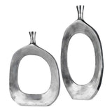 Pair of Pearl Silver aluminum vases from Uttermost, featuring sleek, modern design and smooth surface for decorative use.