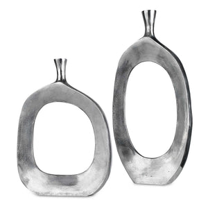 Pair of Pearl Silver aluminum vases from Uttermost, featuring sleek, modern design and smooth surface for decorative use.