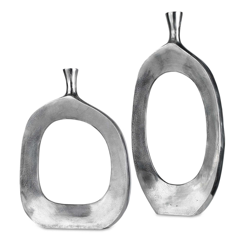 Pair of Pearl Silver aluminum vases from Uttermost, featuring sleek, modern design and smooth surface for decorative use.