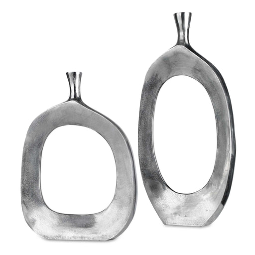 Pair of Pearl Silver aluminum vases from Uttermost, featuring sleek, modern design and smooth surface for decorative use.
