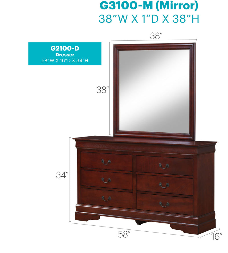Louis Phillipe bedroom dresser by Glory Furniture featuring multiple drawers and a polished wood finish