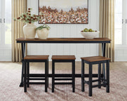 Wildenauer rectangular dining room counter table set with four brown and black chairs, modern design by Signature Design Ashley.