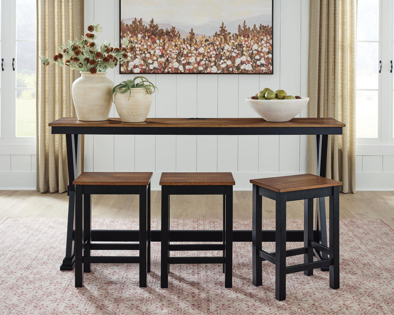 Wildenauer rectangular dining room counter table set with four brown and black chairs, modern design by Signature Design Ashley.