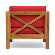 Noble House Brava mid-century modern arm chair with water-resistant cushions and stylish wooden legs.
