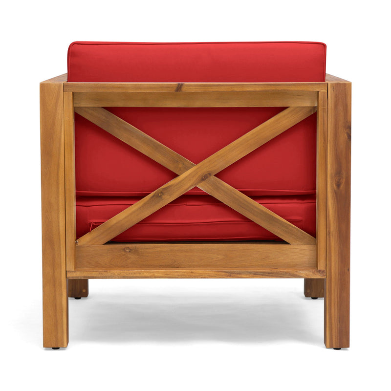 Noble House Brava mid-century modern arm chair with water-resistant cushions and stylish wooden legs.