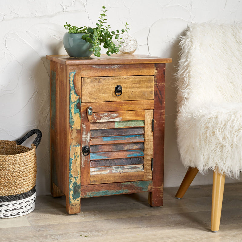 Recycled wood side table with drawer and door by Noble House, natural finish, showcasing a rustic, eco-friendly design and storage space.