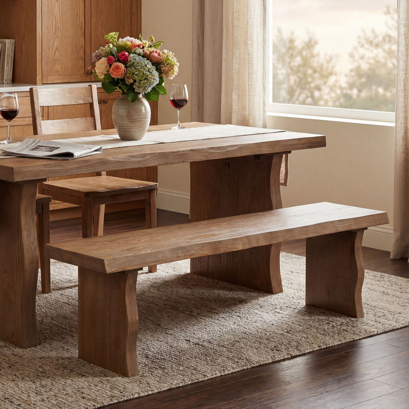 Indoor dining bench by Noble House, made of pine, fits three people, with a sturdy wooden design and clean finish.