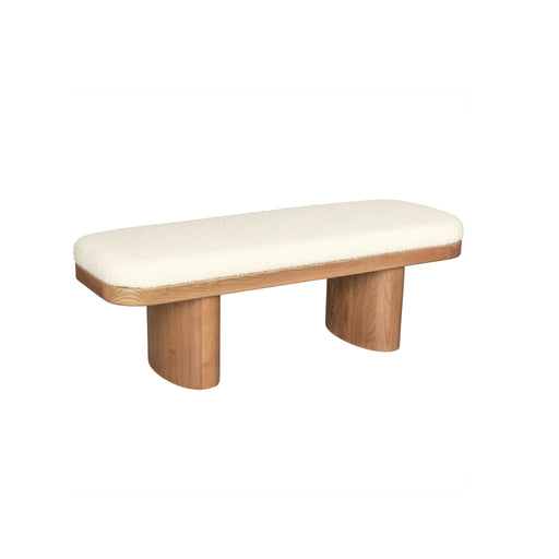 Ollie Boucle Wooden Bench by TOV Furniture with white upholstered seat and wooden legs, modern design, shown from a side angle.