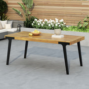 Acacia wood patio dining table by Noble House, 69-inch rectangular outdoor teak and black dining table with sturdy legs
