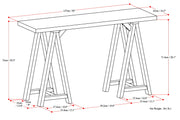 Handcrafted Simpli-Home console sofa table with sawhorse-style legs, featuring a sleek wooden surface for living room decor.