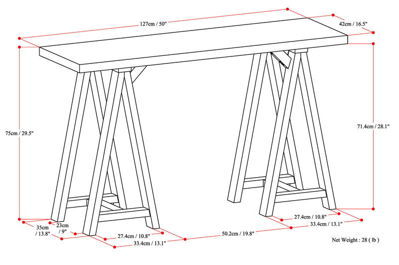 Handcrafted Simpli-Home console sofa table with sawhorse-style legs, featuring a sleek wooden surface for living room decor.