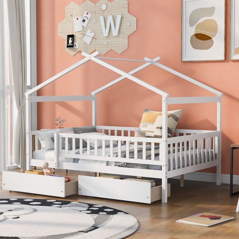 DreamHaus house bed with storage drawers, wooden frame and two spacious drawers underneath, ideal for kids' bedrooms.