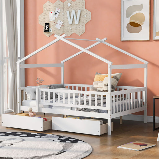 DreamHaus house bed with storage drawers, wooden frame and two spacious drawers underneath, ideal for kids' bedrooms.