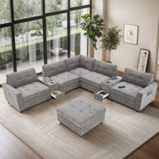Sectional With Acrylic Table Top U Shaped Couch Set With 2 Consoles USB Charger, Storage Drawers And Pockets Movable Ottoman Tufted Sofa - R&R Furniture Gallery (Fountain Valley, CA)