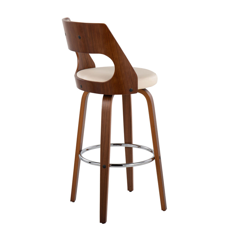 Set of two Lumi Source Cecina mid-century modern barstools with swivel seats, featuring sleek wooden legs and comfortable upholstered seats.