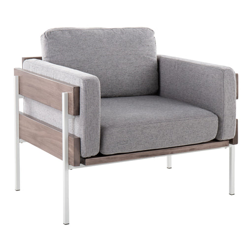 Lumi Source Kari farmhouse armchair with wooden frame and cushioned seat, showcasing rustic farmhouse style and cozy design