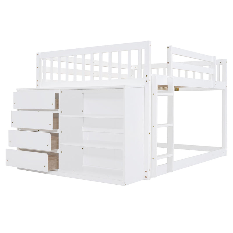 DreamHaus bunk bed with four drawers and three shelves, showcasing a sturdy wooden frame and convenient storage options.