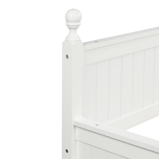 White DreamHaus twin size daybed with attached trundle bed, featuring a sleek, modern design for versatile bedroom use.