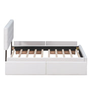 DreamHaus upholstered platform storage bed with classic headboard and built-in drawers, no box spring needed, in a modern bedroom setting.