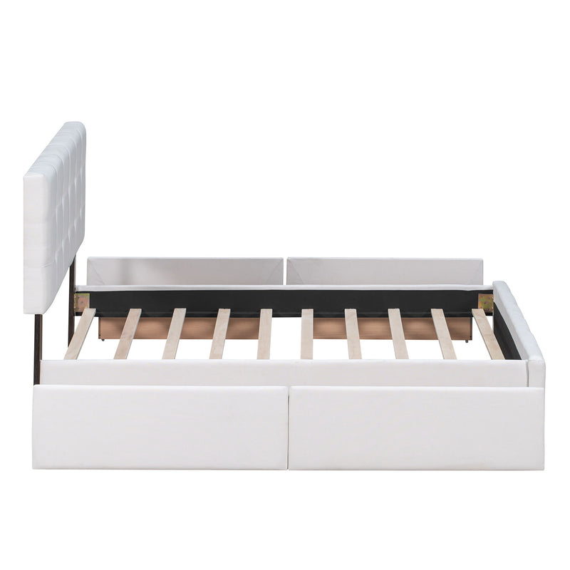DreamHaus upholstered platform storage bed with classic headboard and built-in drawers, no box spring needed, in a modern bedroom setting.