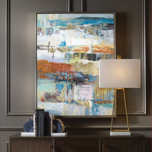 Hand-painted Fiesta canvas art by Uttermost featuring vibrant blue colors and intricate details for wall decoration.