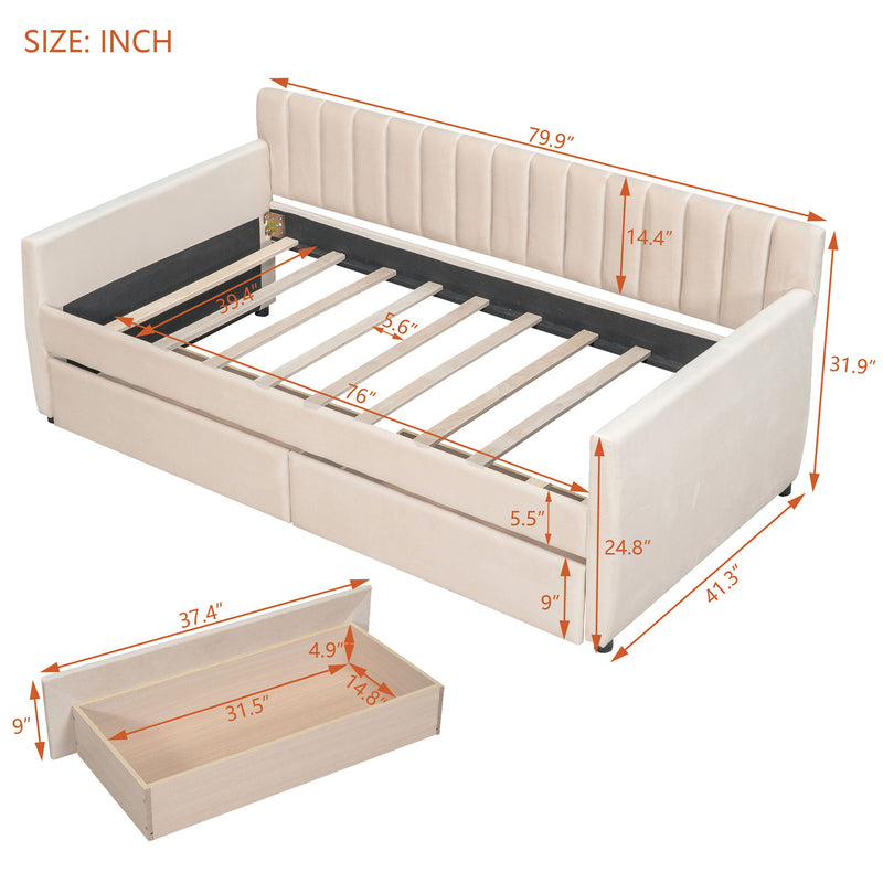 DreamHaus upholstered storage daybed with slat support, featuring a cushioned headboard and built-in storage drawers.