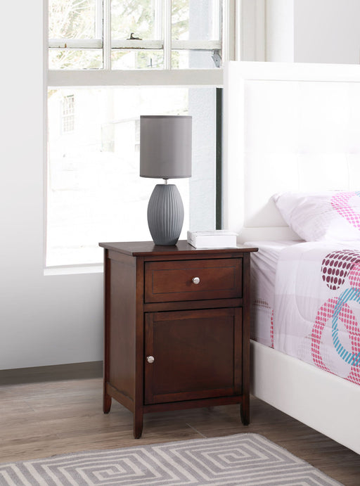 Glory Furniture Izzy cappuccino accent nightstand with a sleek design and single drawer, ideal for bedroom decor.