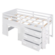 DreamHaus loft bed with built-in cabinet and shelf, featuring a sturdy wooden frame and space-saving design for bedrooms.