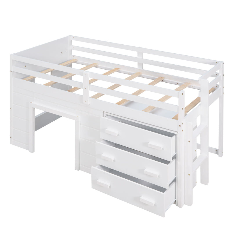 DreamHaus loft bed with built-in cabinet and shelf, featuring a sturdy wooden frame and space-saving design for bedrooms.